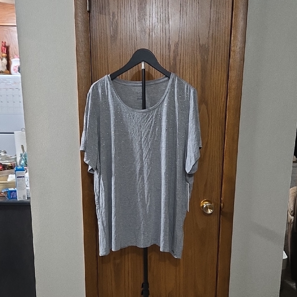 Calvin Klein Light Gray Short Sleeve Scoop Neck Top with Stud Detail